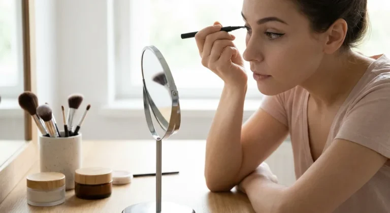 Kobieta opiera łokieć na stole i precyzyjnie maluje czarną kreskę eyelinerem w pisaku, patrząc w lusterko.