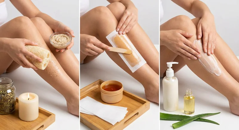 Trzy etapy bezpiecznej depilacji nóg: peeling złuszczający, usuwanie włosków woskiem i aplikacja balsamu łagodzącego.