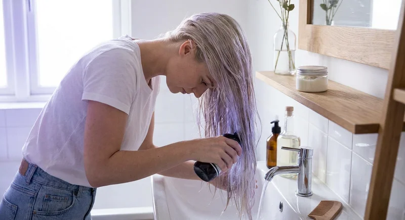 Kobieta nakłada fioletowy kosmetyk tonujący na jasne blond włosy nad umywalką.