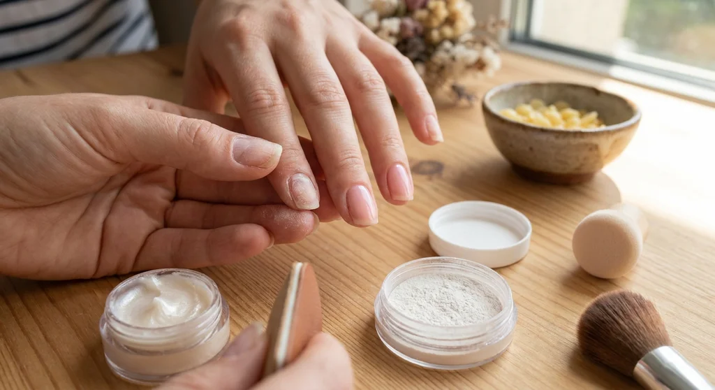 Wykonywanie manicure japońskiego z użyciem odżywczej pasty, pudru i polerki na drewnianym blacie.
