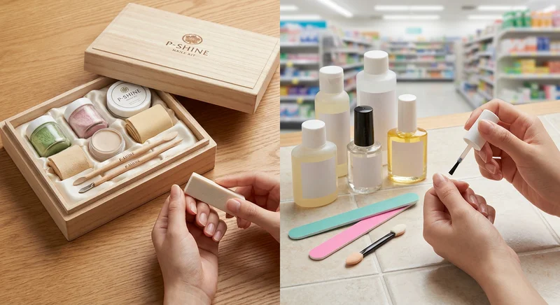 Porównanie profesjonalnego zestawu do manicure japońskiego P-Shine z drogeryjnymi odżywkami i lakierami.