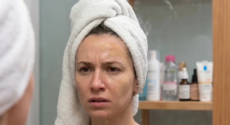 Zmartwiona kobieta z ręcznikiem na głowie patrzy w lustro na rozmazany podkład przy linii włosów.