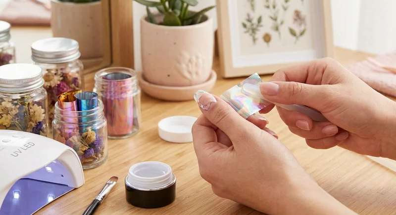 Dłonie nakładające mieniącą się folię transferową na paznokieć kciuka podczas wykonywania manicure.
