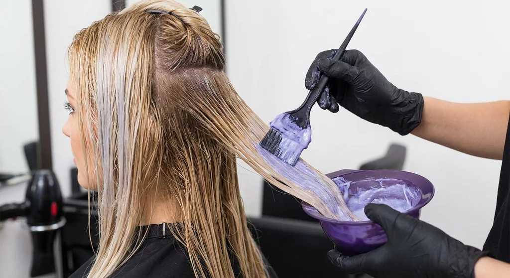 Fryzjer nakłada pędzelkiem fioletowy toner na blond włosy w celu neutralizacji żółtych tonów.