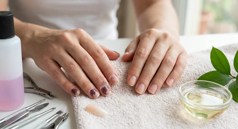 Zniszczone paznokcie z odpryskującym lakierem obok przyborów do manicure i pielęgnacji.