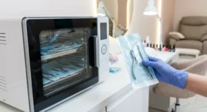 Dłoń w rękawiczce trzyma pakiet ze sterylnymi narzędziami do manicure na tle autoklawu kosmetycznego.