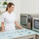 Stylistka w gabinecie obok dwóch autoklawów kosmetycznych i pakietów z narzędziami.