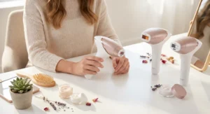 Trzy różne modele depilatora IPL Philips Lumea z profilowanymi nasadkami na białym stole.