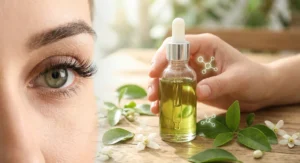 Zbliżenie oka z długimi rzęsami obok buteleczki naturalnego serum z pipetą w otoczeniu zielonych liści i kwiatów.