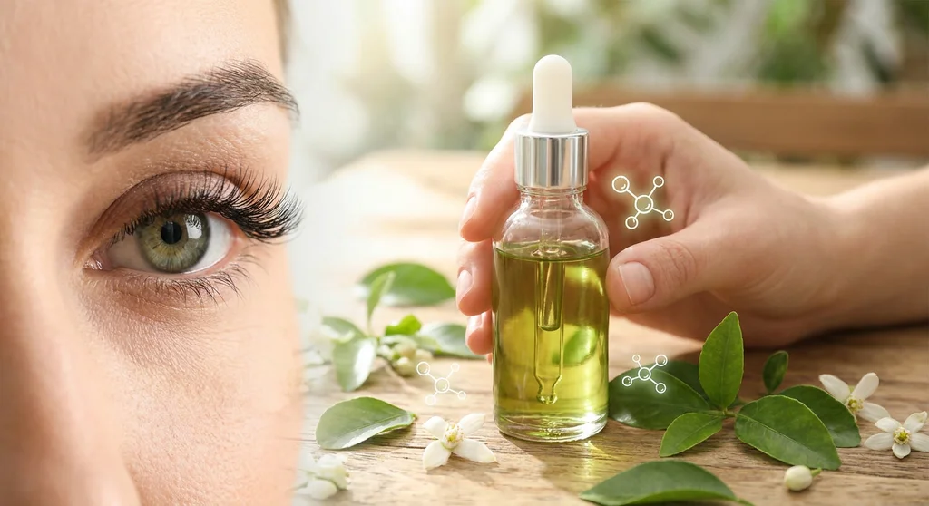 Zbliżenie oka z długimi rzęsami obok buteleczki naturalnego serum z pipetą w otoczeniu zielonych liści i kwiatów.
