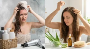 Po lewej kobieta z podrażnioną, czerwoną skórą głowy, po prawej kobieta nakładająca na skalp kojące serum.