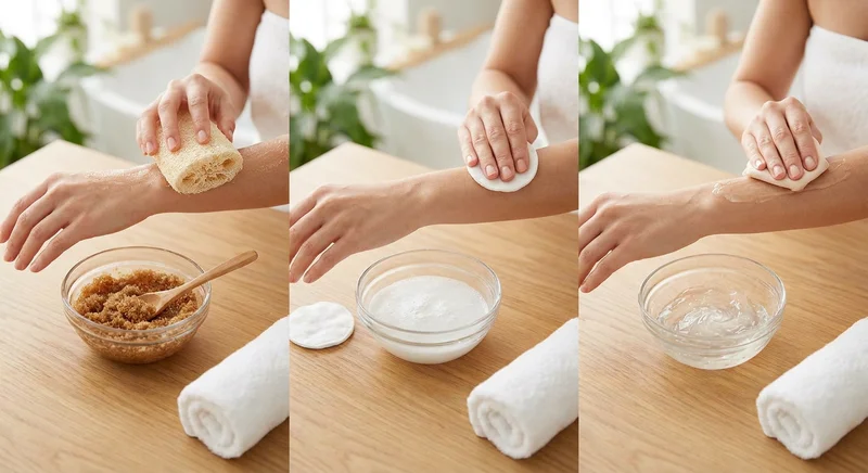 Trzy etapy przygotowania skóry przedramienia: peeling, oczyszczanie wacikiem kosmetycznym i aplikacja żelu.