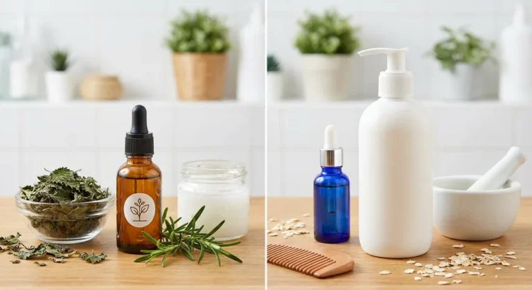 Naturalne zioła i olejki obok aptecznego szamponu oraz serum, jako domowe i profesjonalne sposoby na łupież.