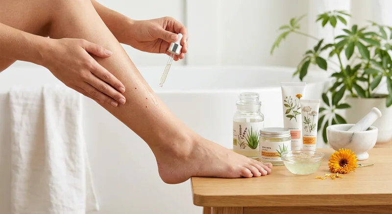 Kobieta nakłada serum z pipety na nogę z czerwonymi kropkami, obok stoją naturalne kosmetyki łagodzące.