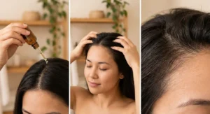 Aplikacja wcierki zakraplaczem na przedziałek, masaż skóry głowy i nowe włoski (baby hair) przy linii czoła.