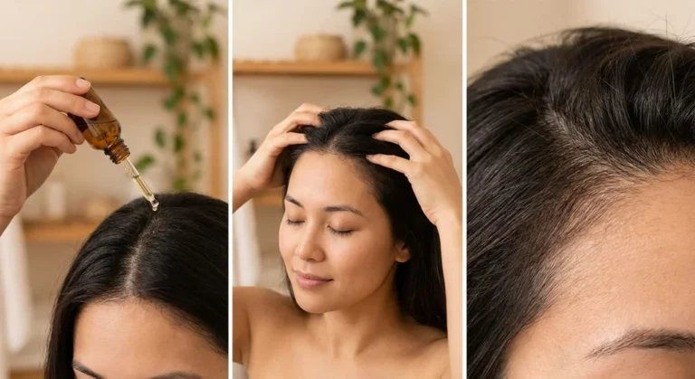 Aplikacja wcierki zakraplaczem na przedziałek, masaż skóry głowy i nowe włoski (baby hair) przy linii czoła.