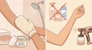 Peeling ciała pod prysznicem oraz unikanie balsamów i perfum przed zabiegiem opalania natryskowego.