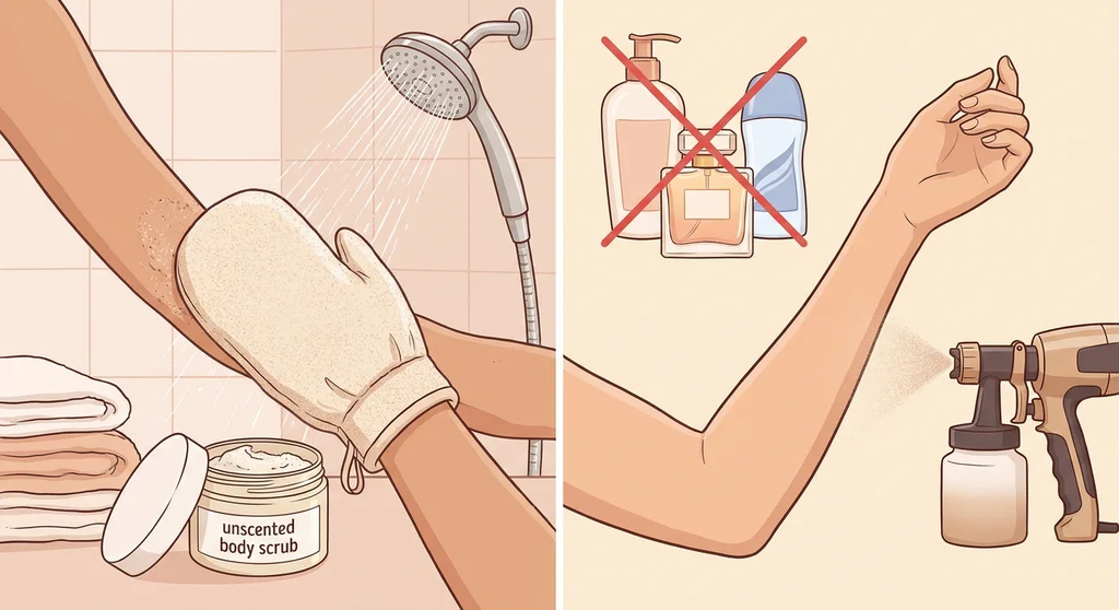Peeling ciała pod prysznicem oraz unikanie balsamów i perfum przed zabiegiem opalania natryskowego.
